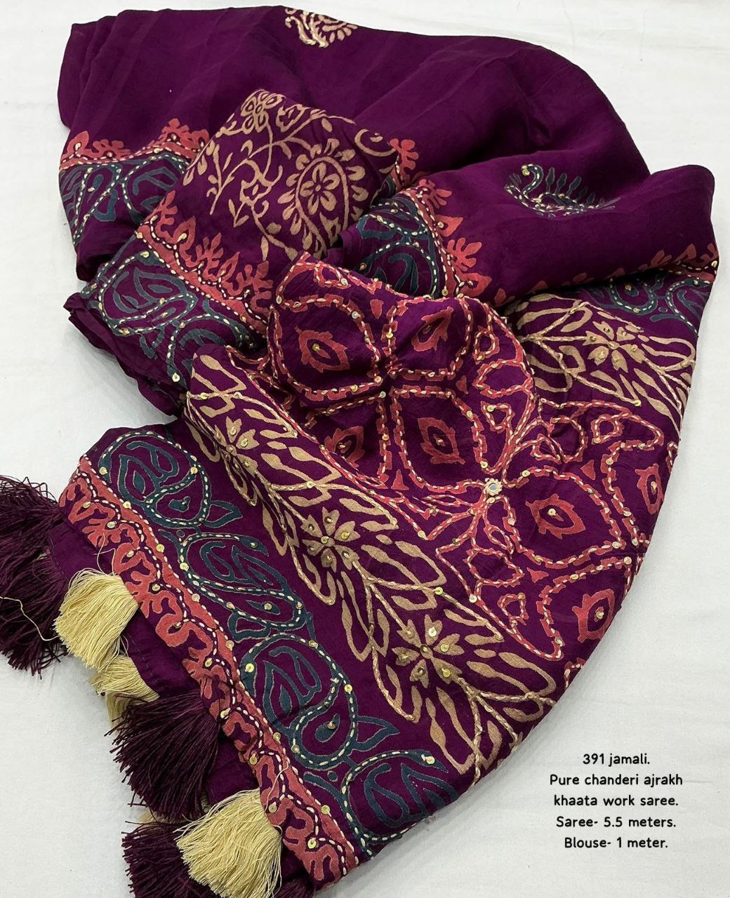 Premium  Ajrakh Handwork Pure Chanderi Cotton Saree With Blouse