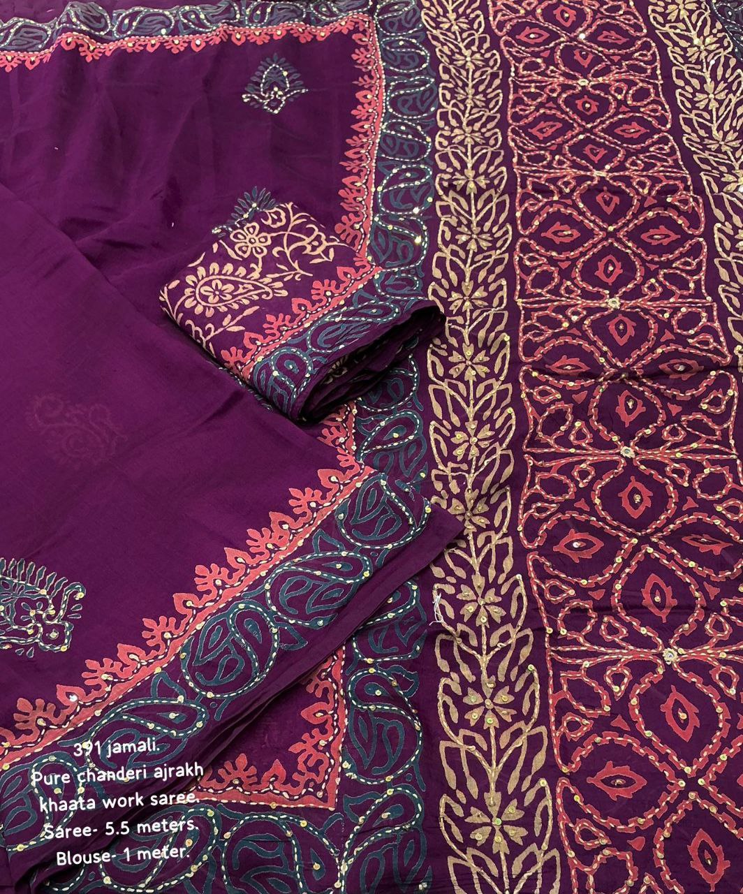 Premium  Ajrakh Handwork Pure Chanderi Cotton Saree With Blouse