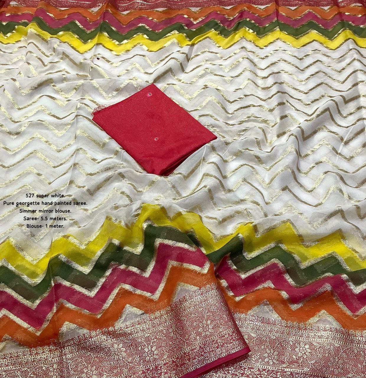 Hand Painted Zari Zig-Zag Design Pure Georgette Gala Style with Mirror Work Blouse