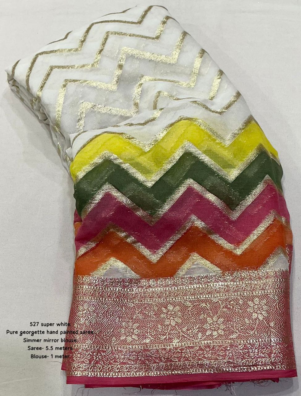 Hand Painted Zari Zig-Zag Design Pure Georgette Gala Style with Mirror Work Blouse