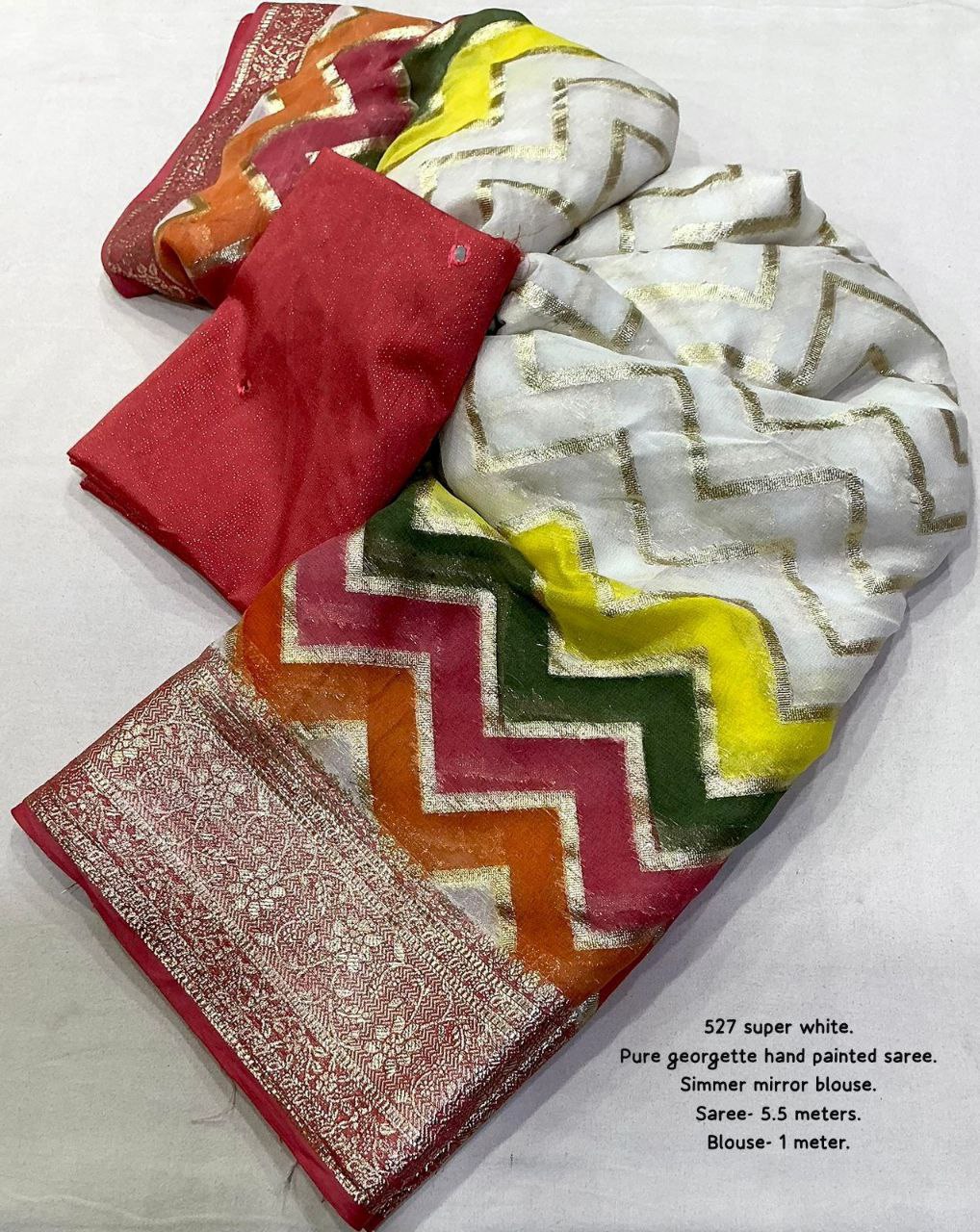 Hand Painted Zari Zig-Zag Design Pure Georgette Gala Style with Mirror Work Blouse