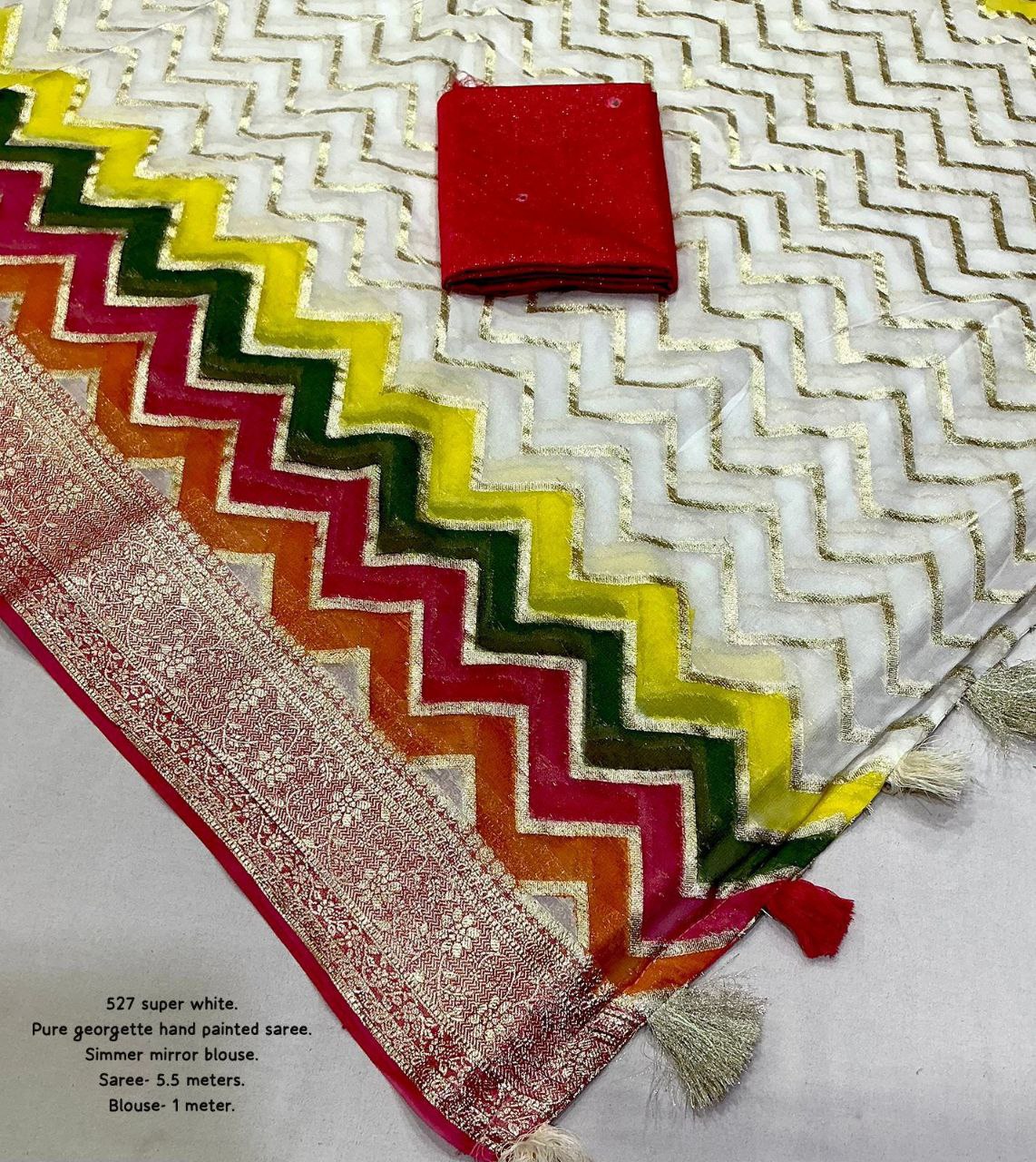 Hand Painted Zari Zig-Zag Design Pure Georgette Gala Style with Mirror Work Blouse