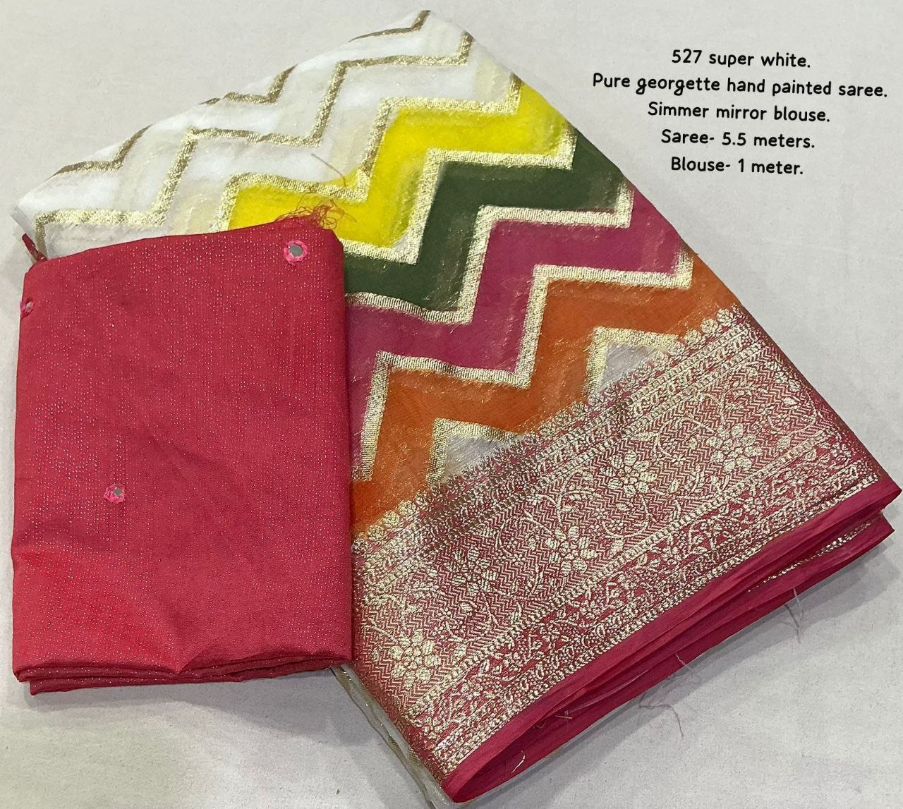 Hand Painted Zari Zig-Zag Design Pure Georgette Gala Style with Mirror Work Blouse