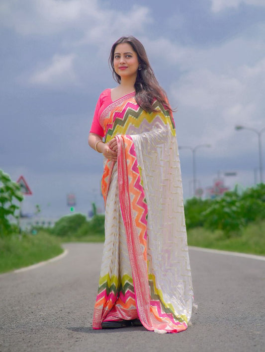 Hand Painted Zari Zig-Zag Design Pure Georgette Gala Style with Mirror Work Blouse