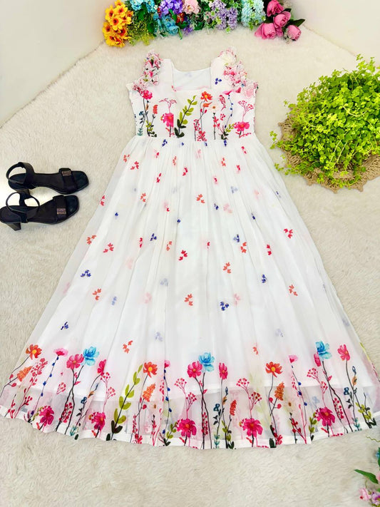 Heavy Georgette Digital Print Elastic Puff Sleeves Gown Frock Dress