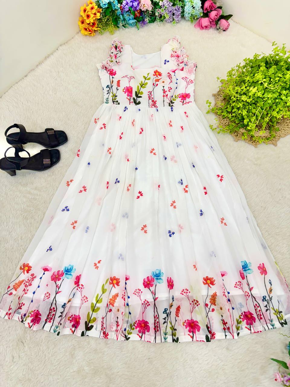 Heavy Georgette Digital Print Elastic Puff Sleeves Gown Frock Dress