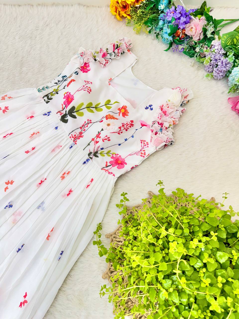 Heavy Georgette Digital Print Elastic Puff Sleeves Gown Frock Dress