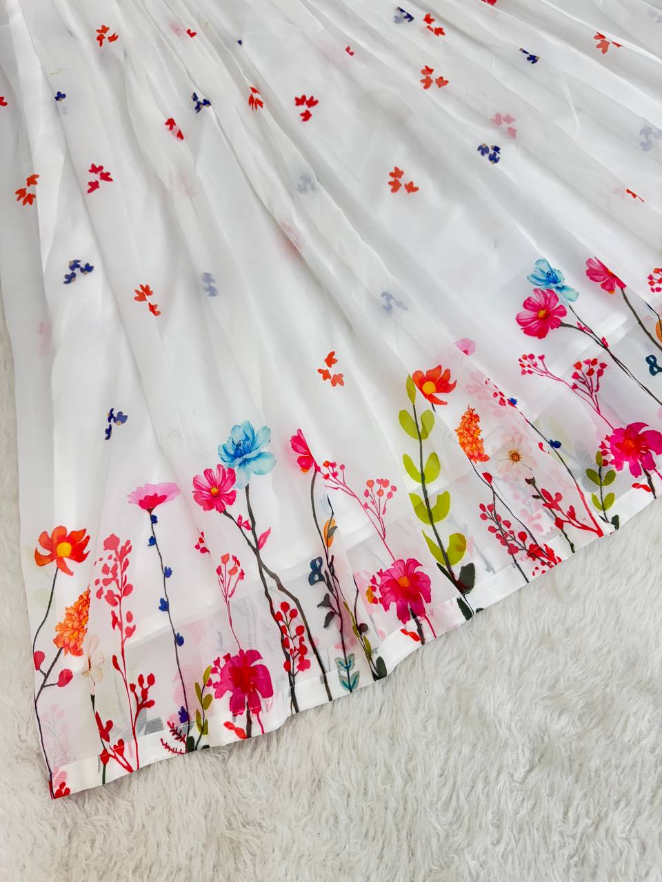 Heavy Georgette Digital Print Elastic Puff Sleeves Gown Frock Dress