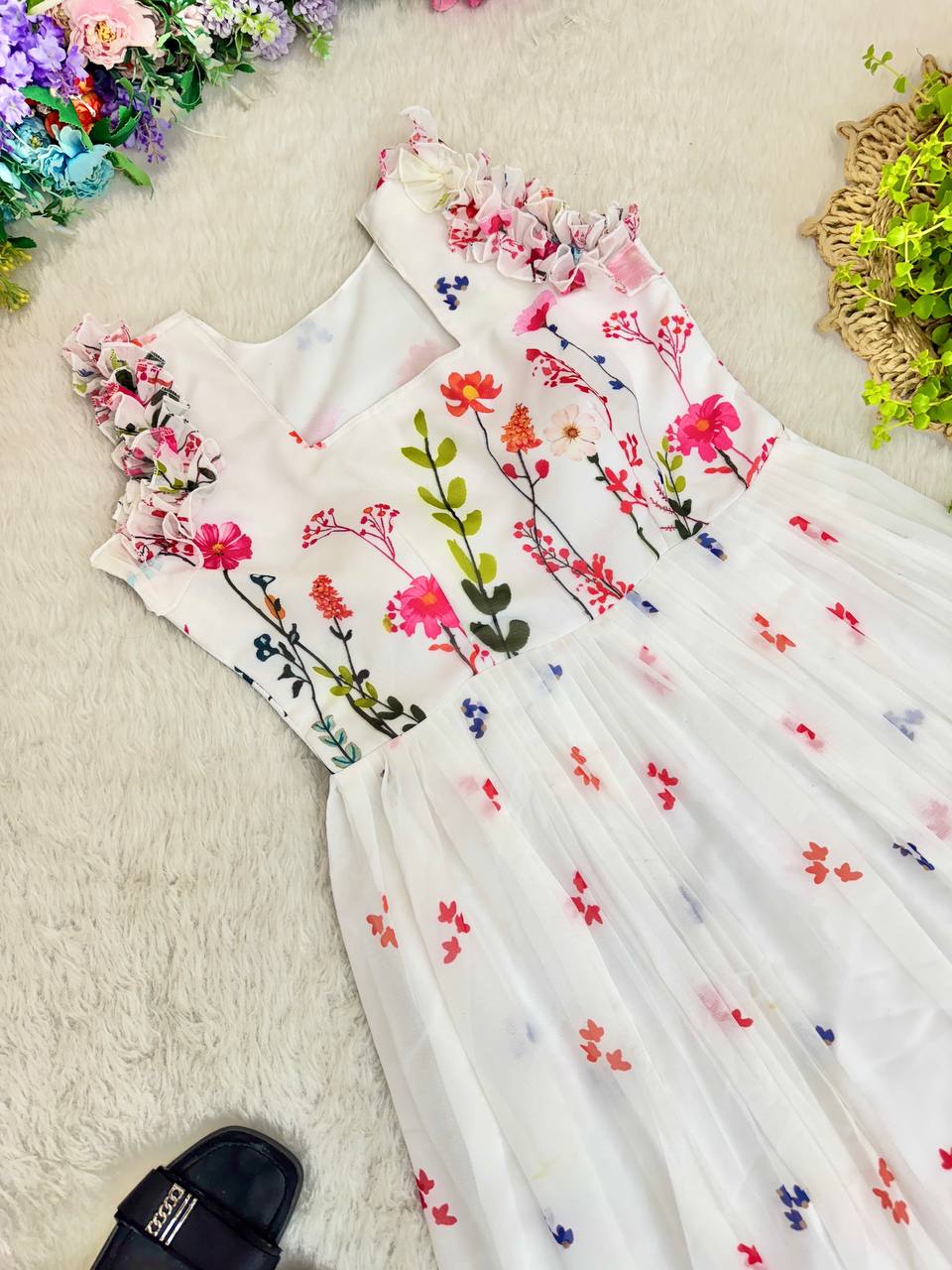 Heavy Georgette Digital Print Elastic Puff Sleeves Gown Frock Dress