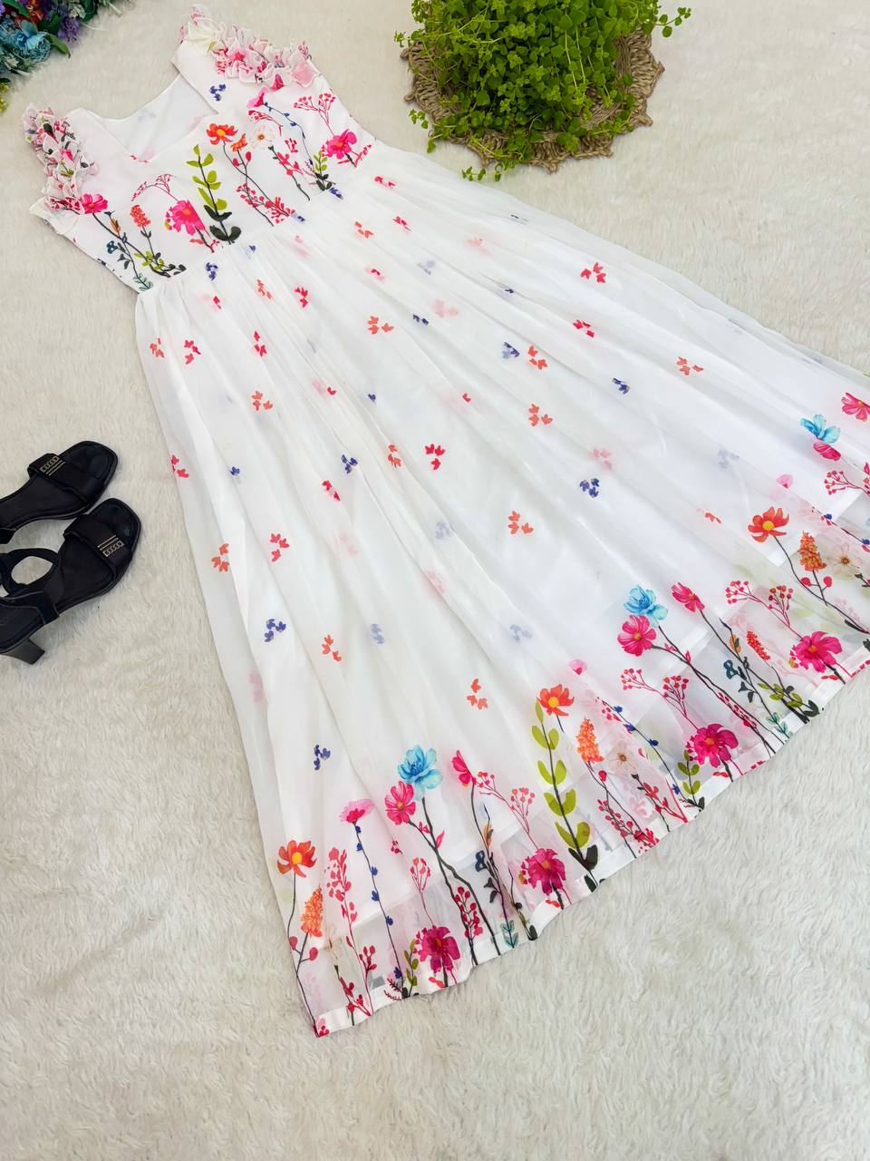 Heavy Georgette Digital Print Elastic Puff Sleeves Gown Frock Dress