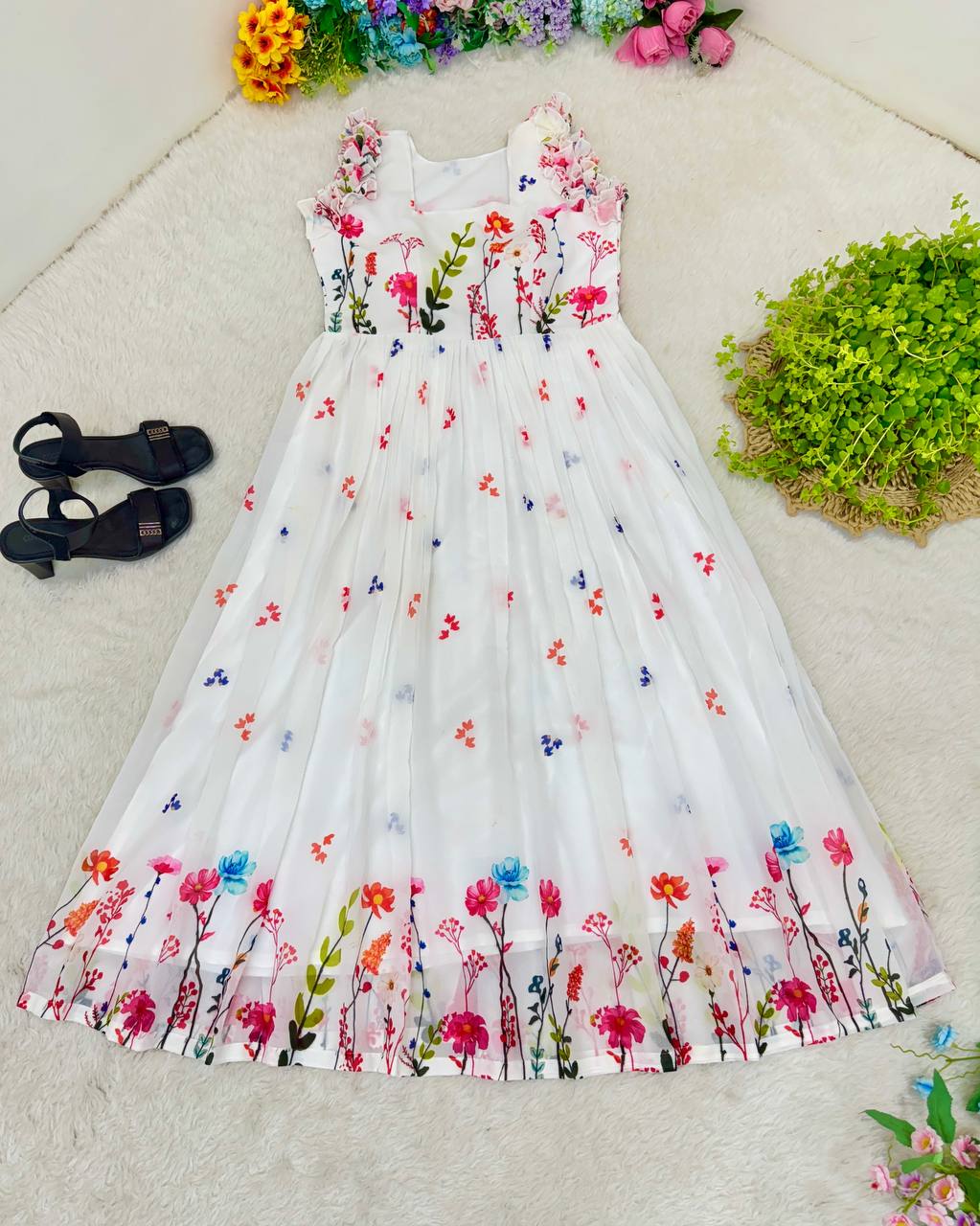 Heavy Georgette Digital Print Elastic Puff Sleeves Gown Frock Dress