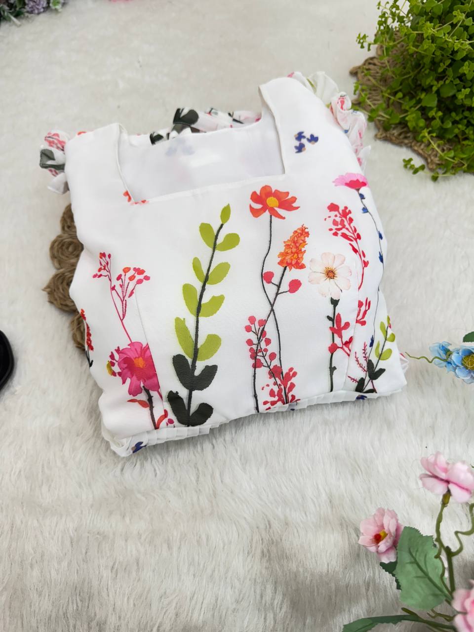 Heavy Georgette Digital Print Elastic Puff Sleeves Gown Frock Dress