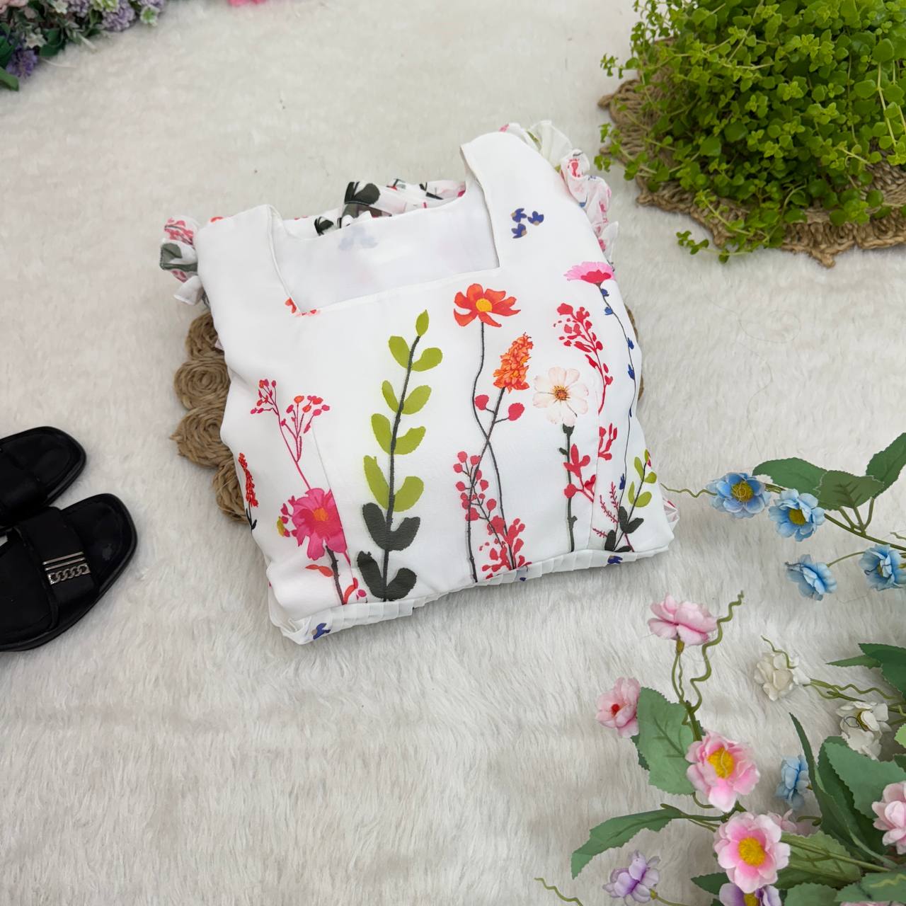 Heavy Georgette Digital Print Elastic Puff Sleeves Gown Frock Dress