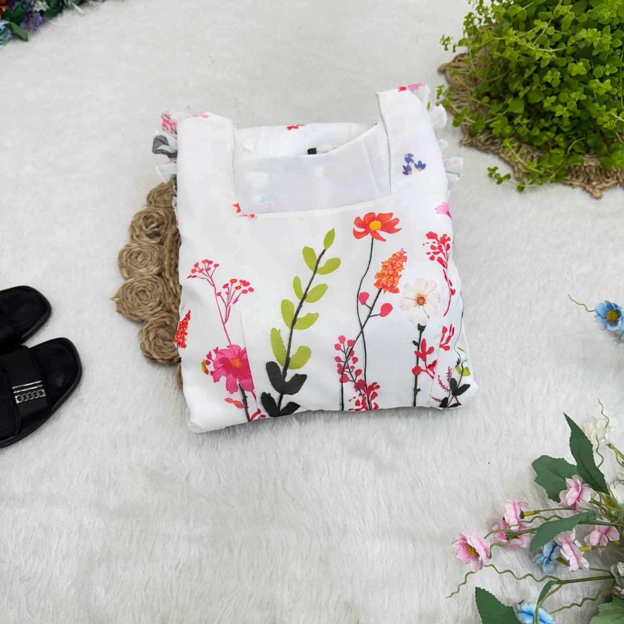 Heavy Georgette Digital Print Elastic Puff Sleeves Gown Frock Dress