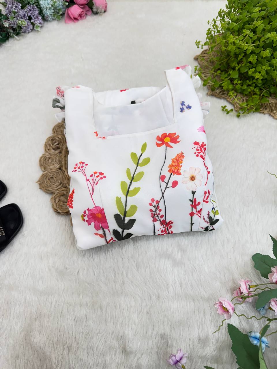 Heavy Georgette Digital Print Elastic Puff Sleeves Gown Frock Dress