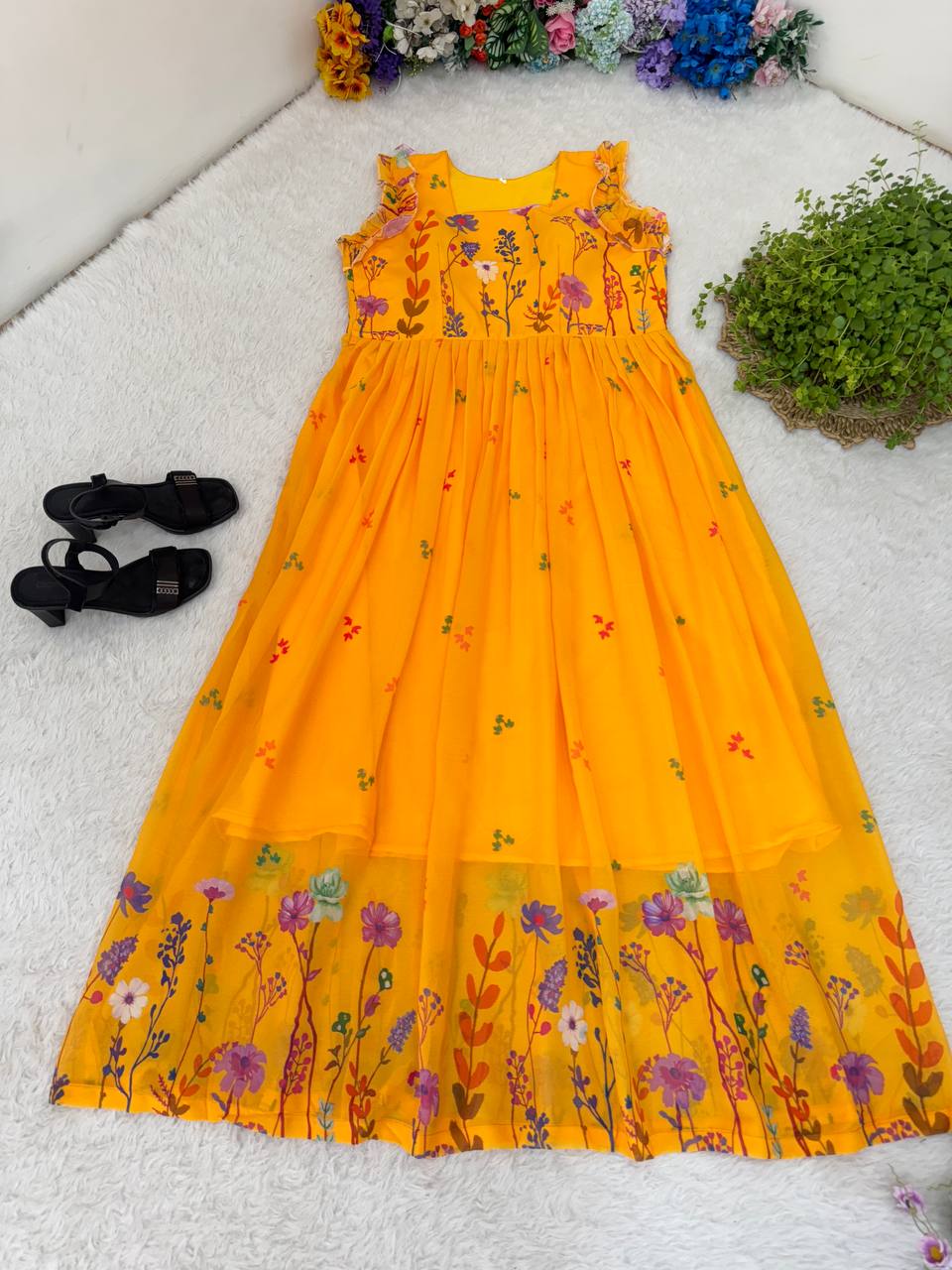 Heavy Georgette Digital Print Elastic Puff Sleeves Gown Frock Dress