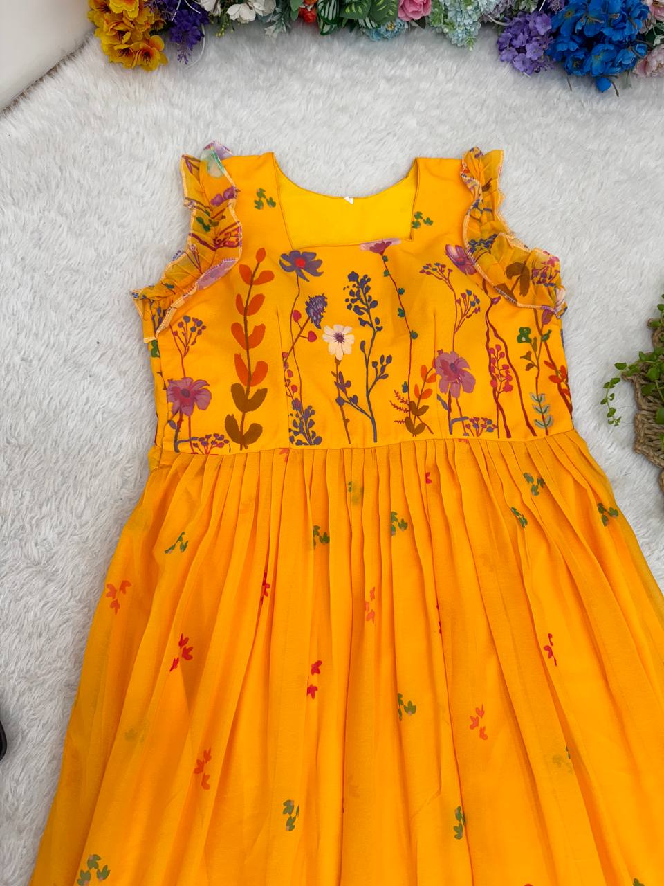 Heavy Georgette Digital Print Elastic Puff Sleeves Gown Frock Dress