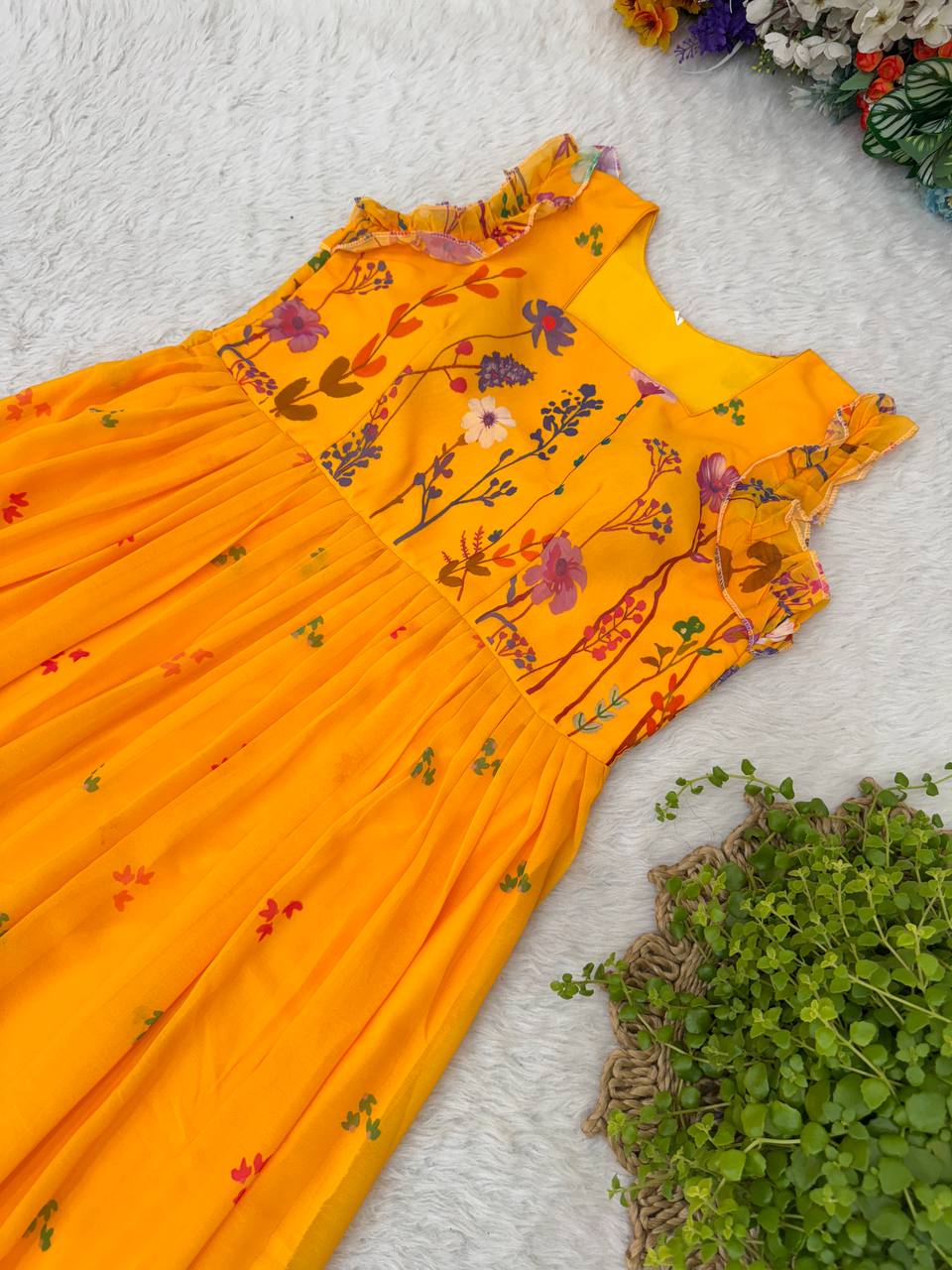 Heavy Georgette Digital Print Elastic Puff Sleeves Gown Frock Dress