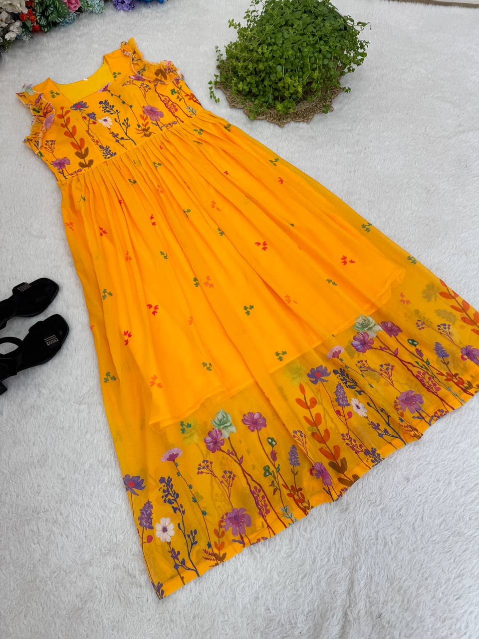 Heavy Georgette Digital Print Elastic Puff Sleeves Gown Frock Dress