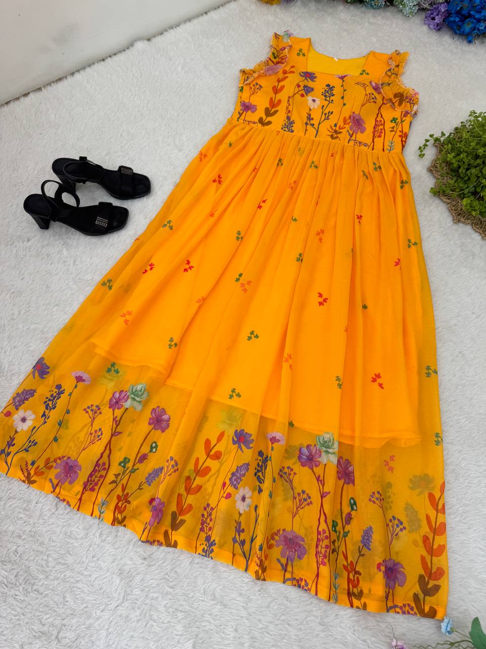 Heavy Georgette Digital Print Elastic Puff Sleeves Gown Frock Dress