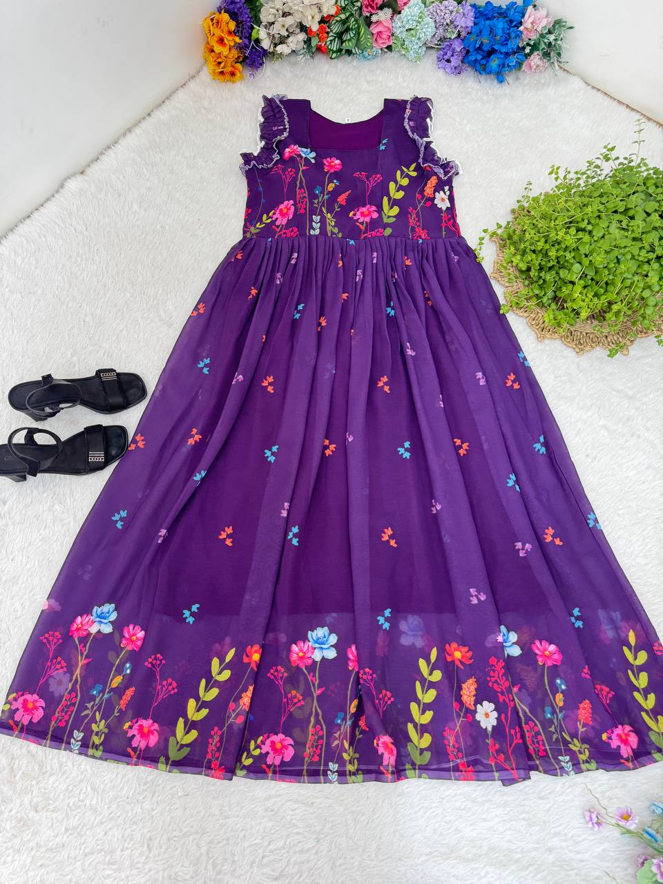 Heavy Georgette Digital Print Elastic Puff Sleeves Gown Frock Dress