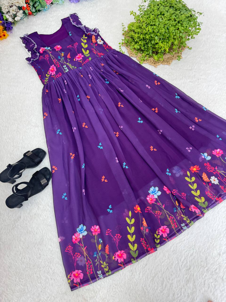 Heavy Georgette Digital Print Elastic Puff Sleeves Gown Frock Dress