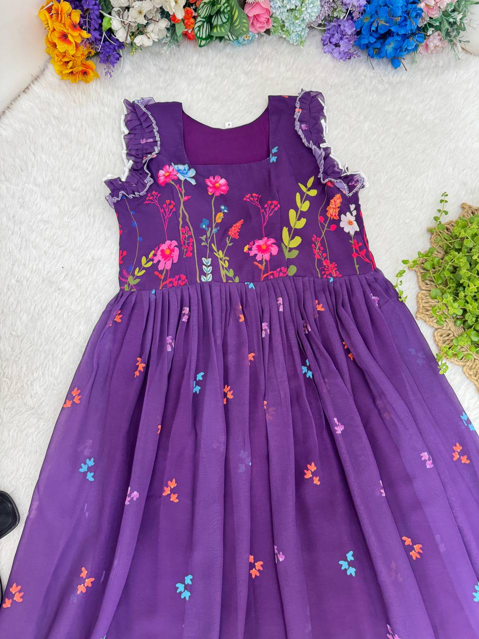 Heavy Georgette Digital Print Elastic Puff Sleeves Gown Frock Dress