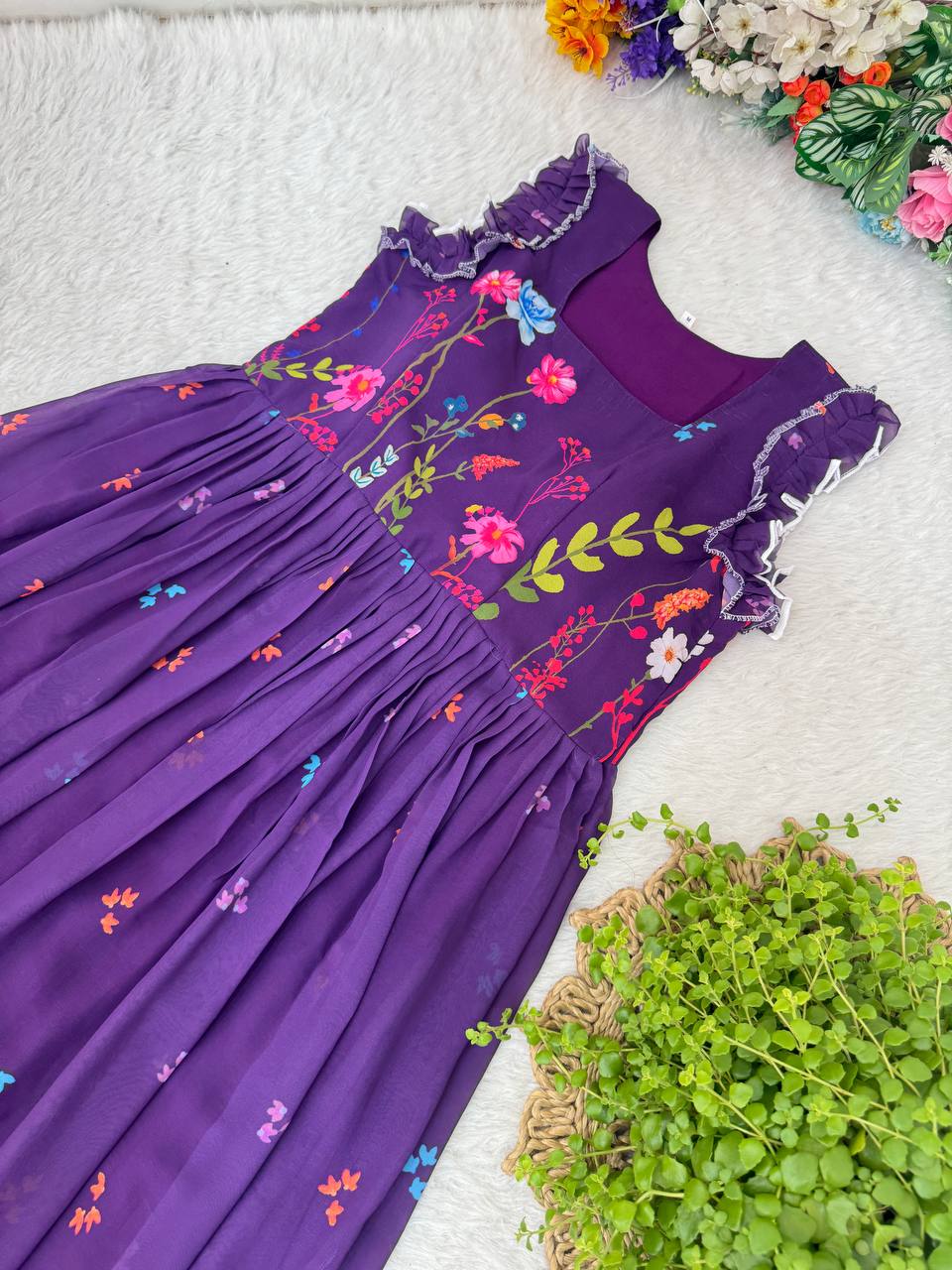 Heavy Georgette Digital Print Elastic Puff Sleeves Gown Frock Dress