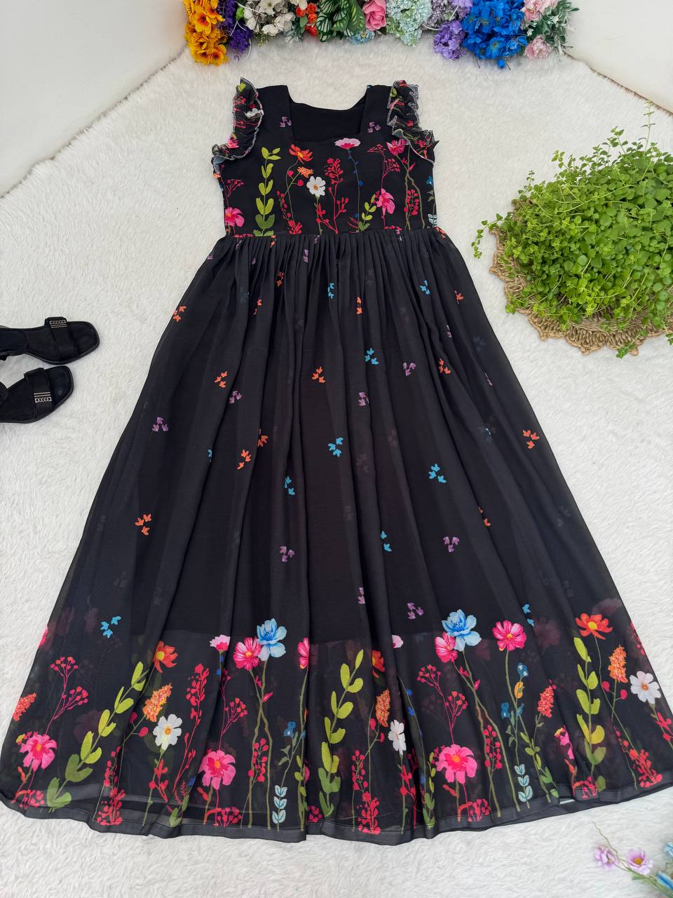 Heavy Georgette Digital Print Elastic Puff Sleeves Gown Frock Dress