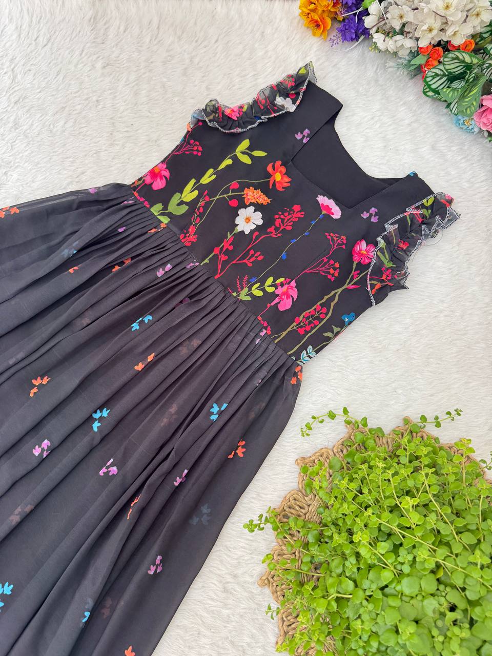 Heavy Georgette Digital Print Elastic Puff Sleeves Gown Frock Dress