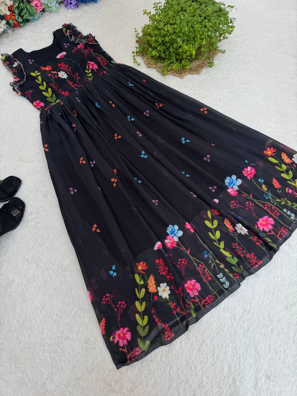 Heavy Georgette Digital Print Elastic Puff Sleeves Gown Frock Dress