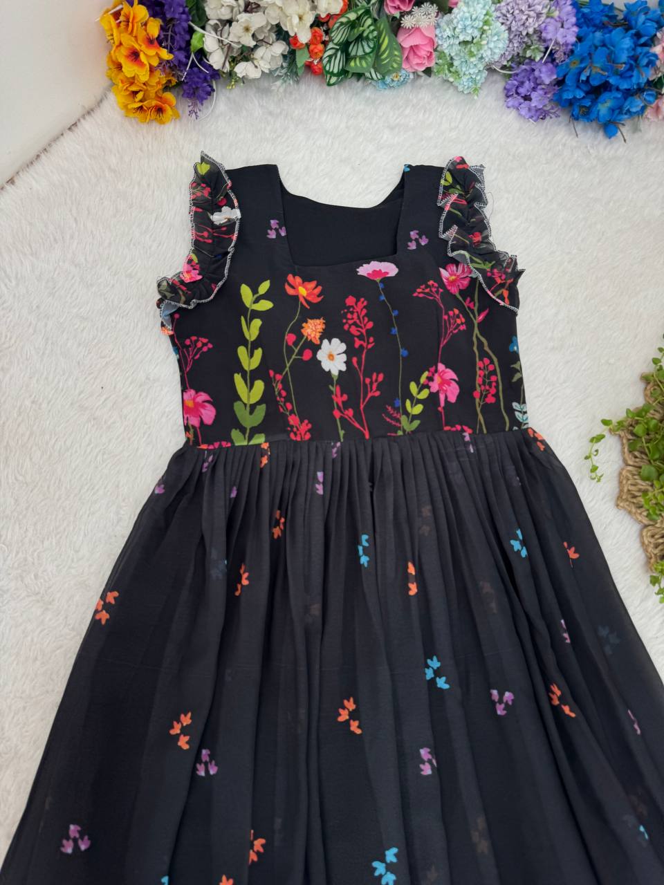 Heavy Georgette Digital Print Elastic Puff Sleeves Gown Frock Dress