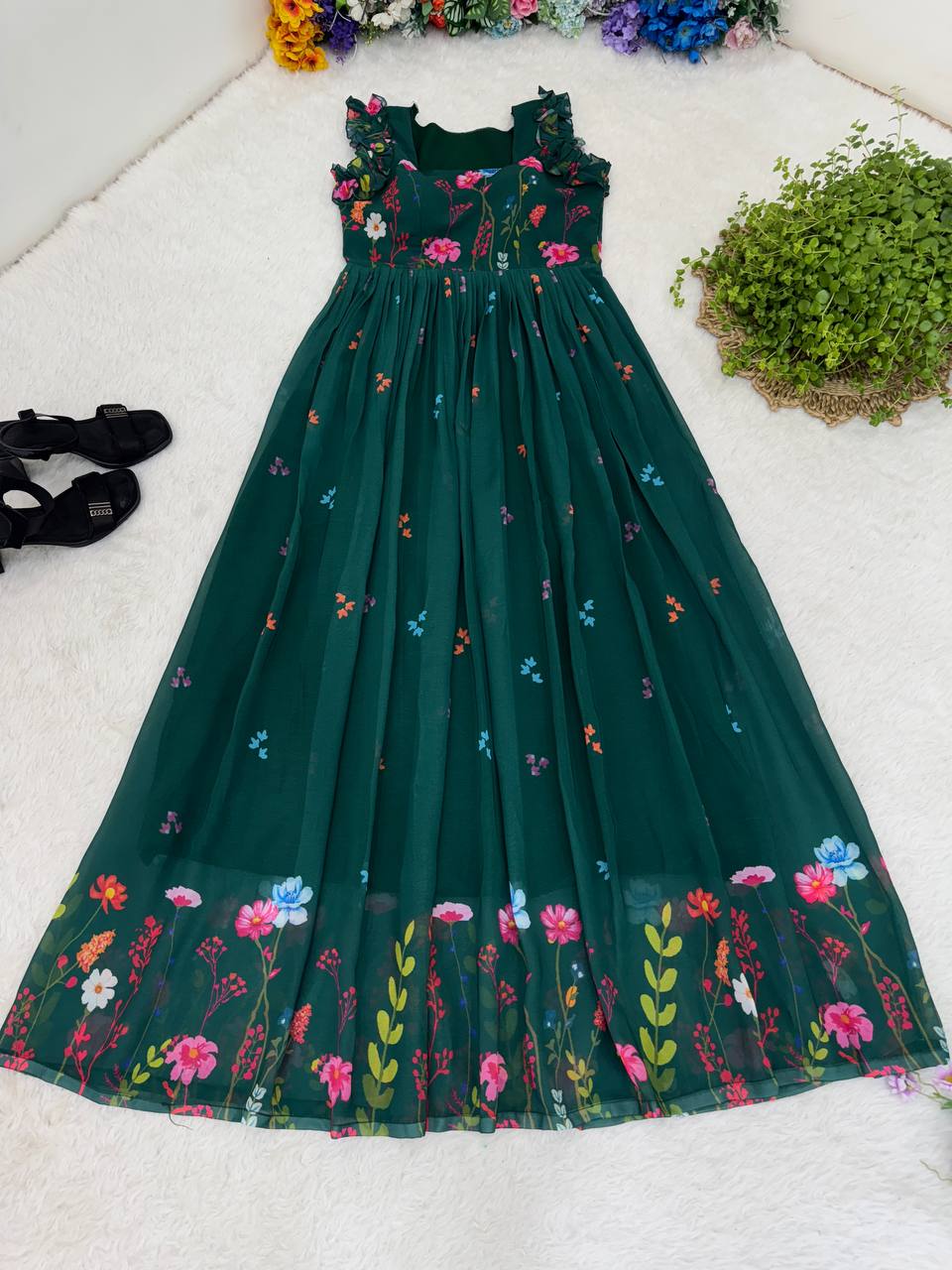 Heavy Georgette Digital Print Elastic Puff Sleeves Gown Frock Dress