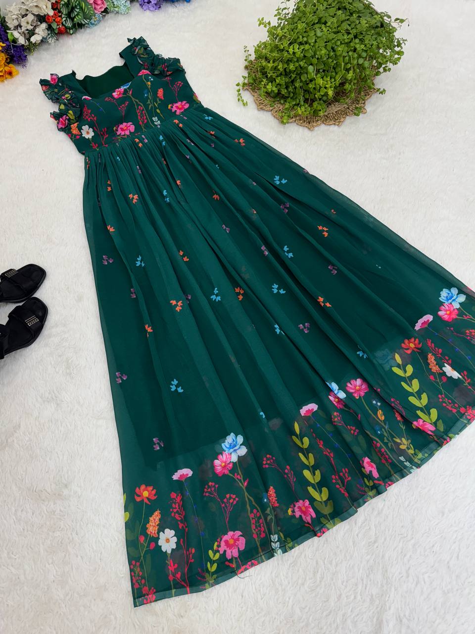 Heavy Georgette Digital Print Elastic Puff Sleeves Gown Frock Dress