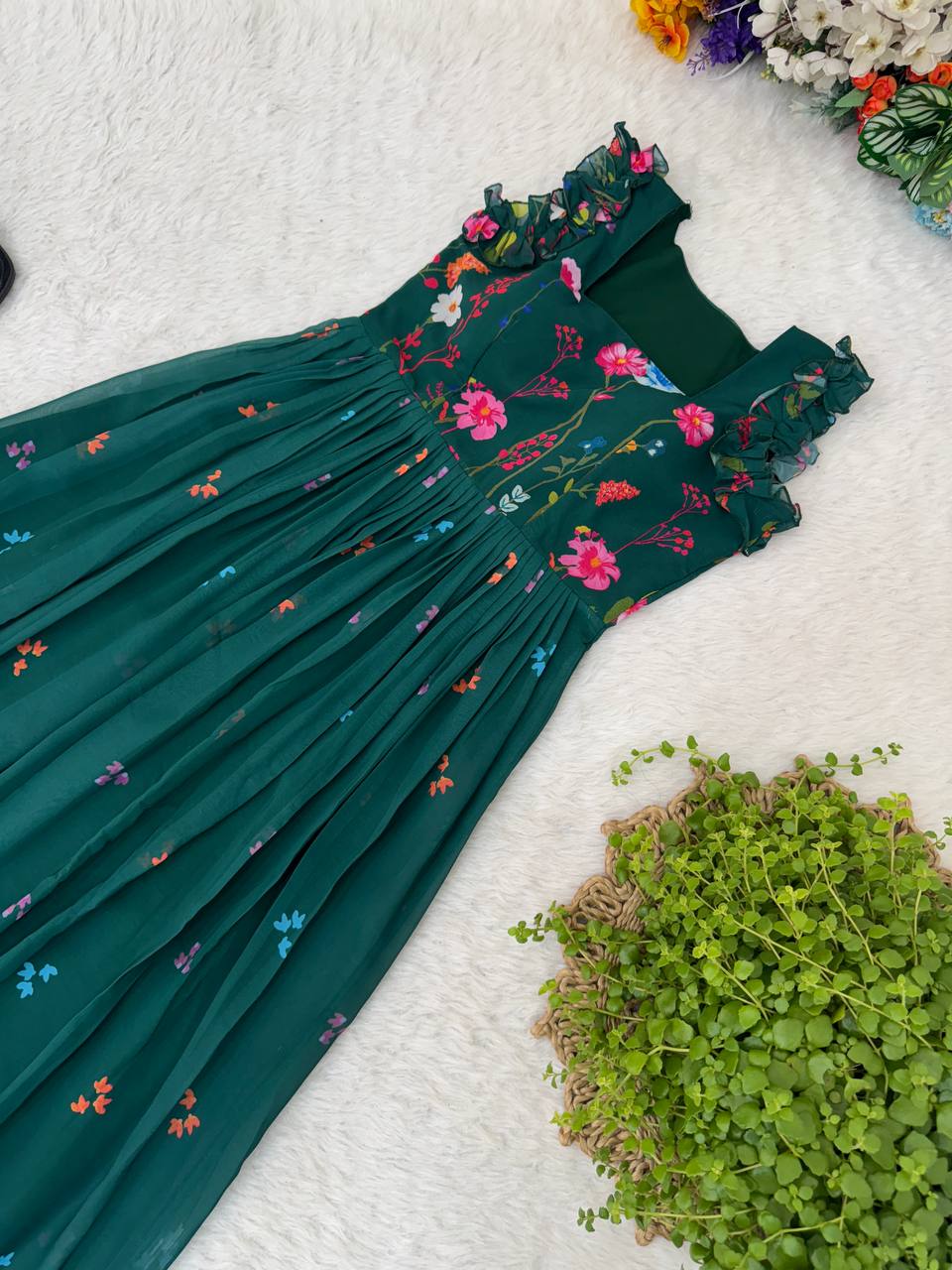 Heavy Georgette Digital Print Elastic Puff Sleeves Gown Frock Dress