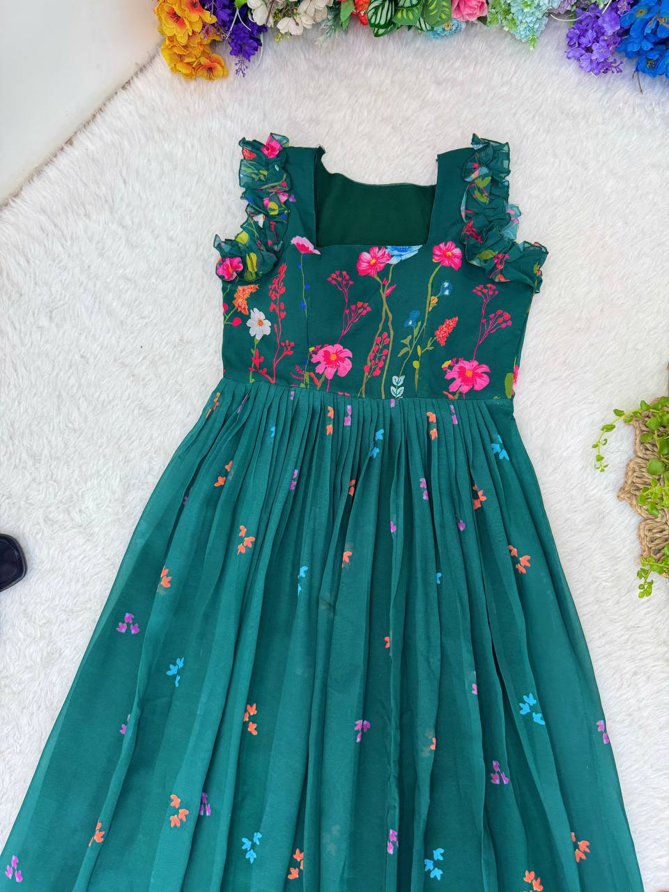 Heavy Georgette Digital Print Elastic Puff Sleeves Gown Frock Dress