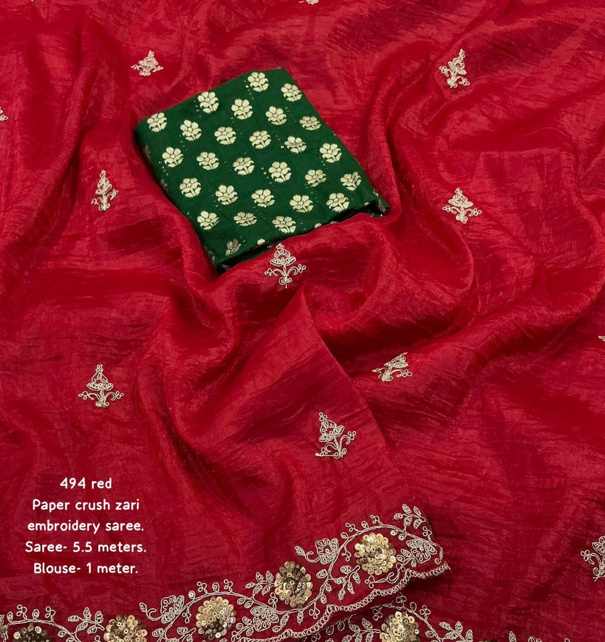 Heavy Zari Embroidery Work Sindoor Red Paper Crush Saree With Blouse