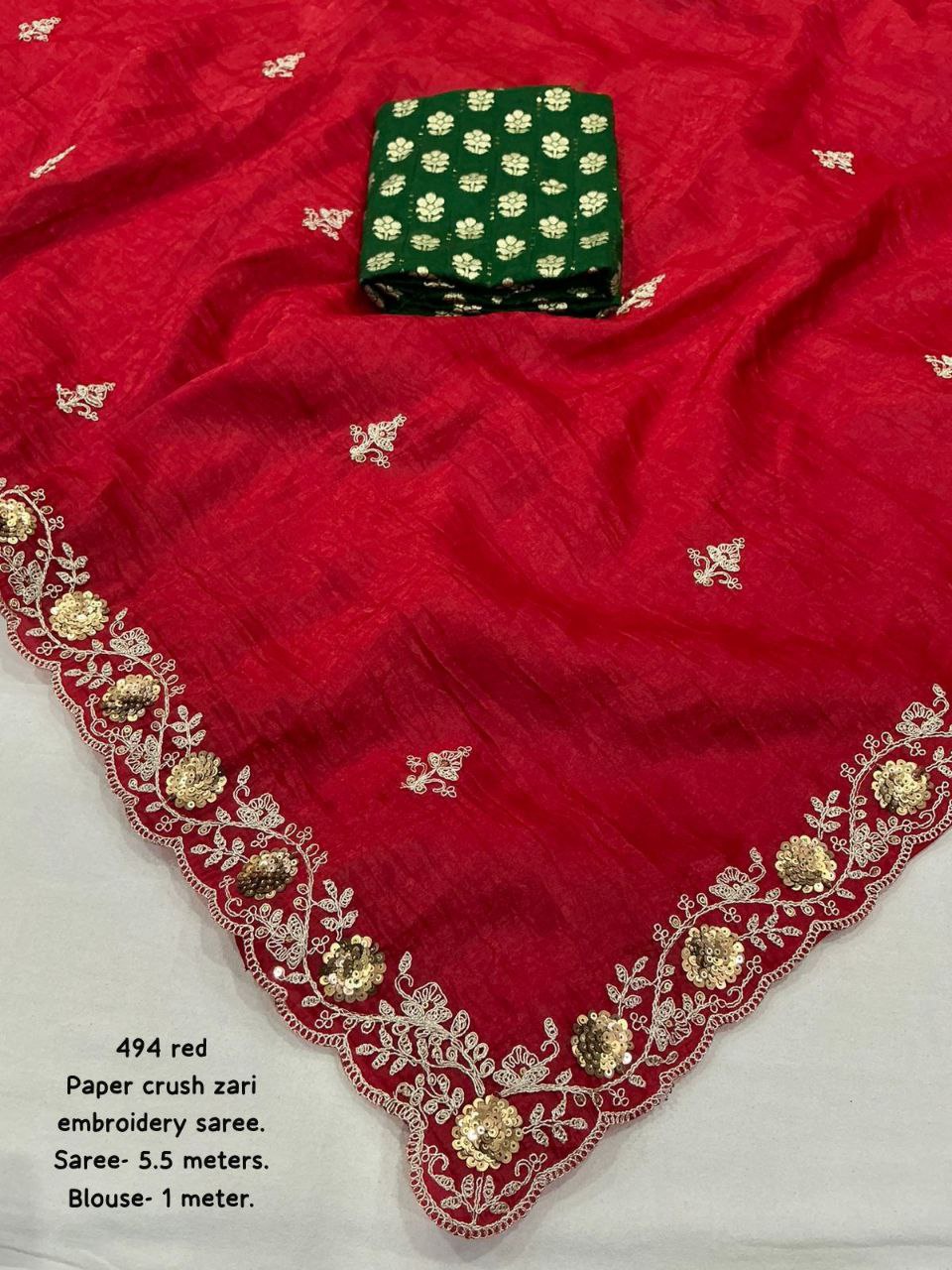 Heavy Zari Embroidery Work Sindoor Red Paper Crush Saree With Blouse