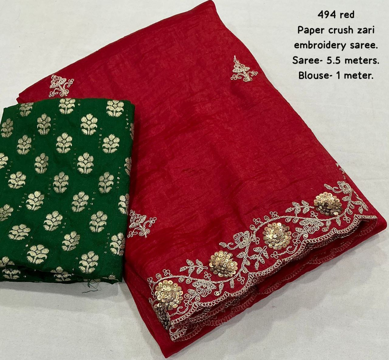 Heavy Zari Embroidery Work Sindoor Red Paper Crush Saree With Blouse