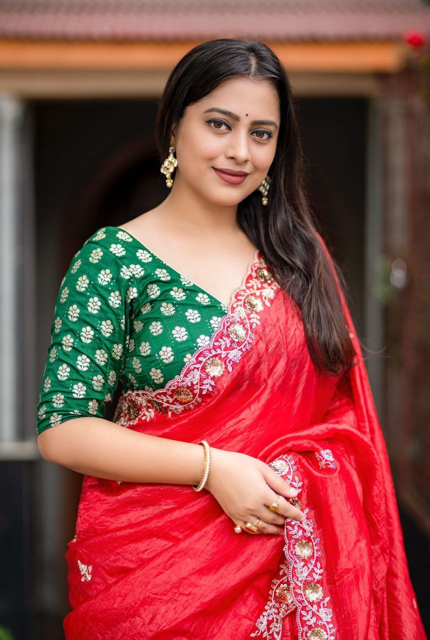 Heavy Zari Embroidery Work Sindoor Red Paper Crush Saree With Blouse