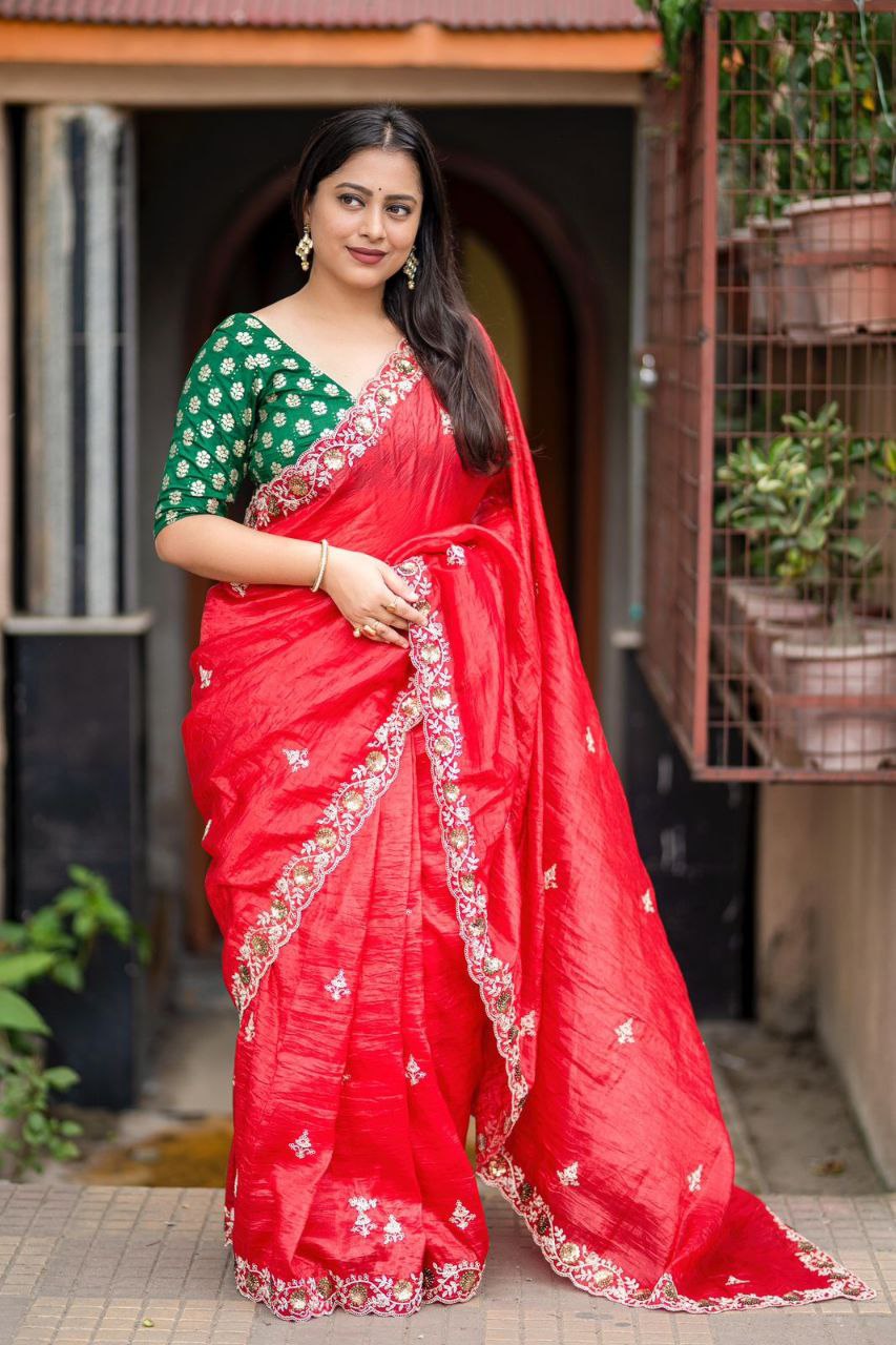 Heavy Zari Embroidery Work Sindoor Red Paper Crush Saree With Blouse