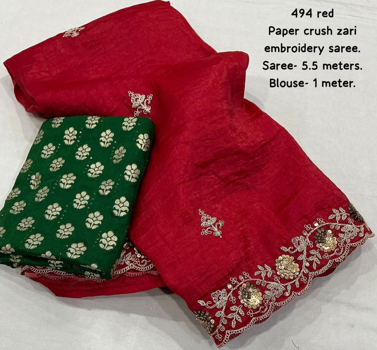 Heavy Zari Embroidery Work Sindoor Red Paper Crush Saree With Blouse
