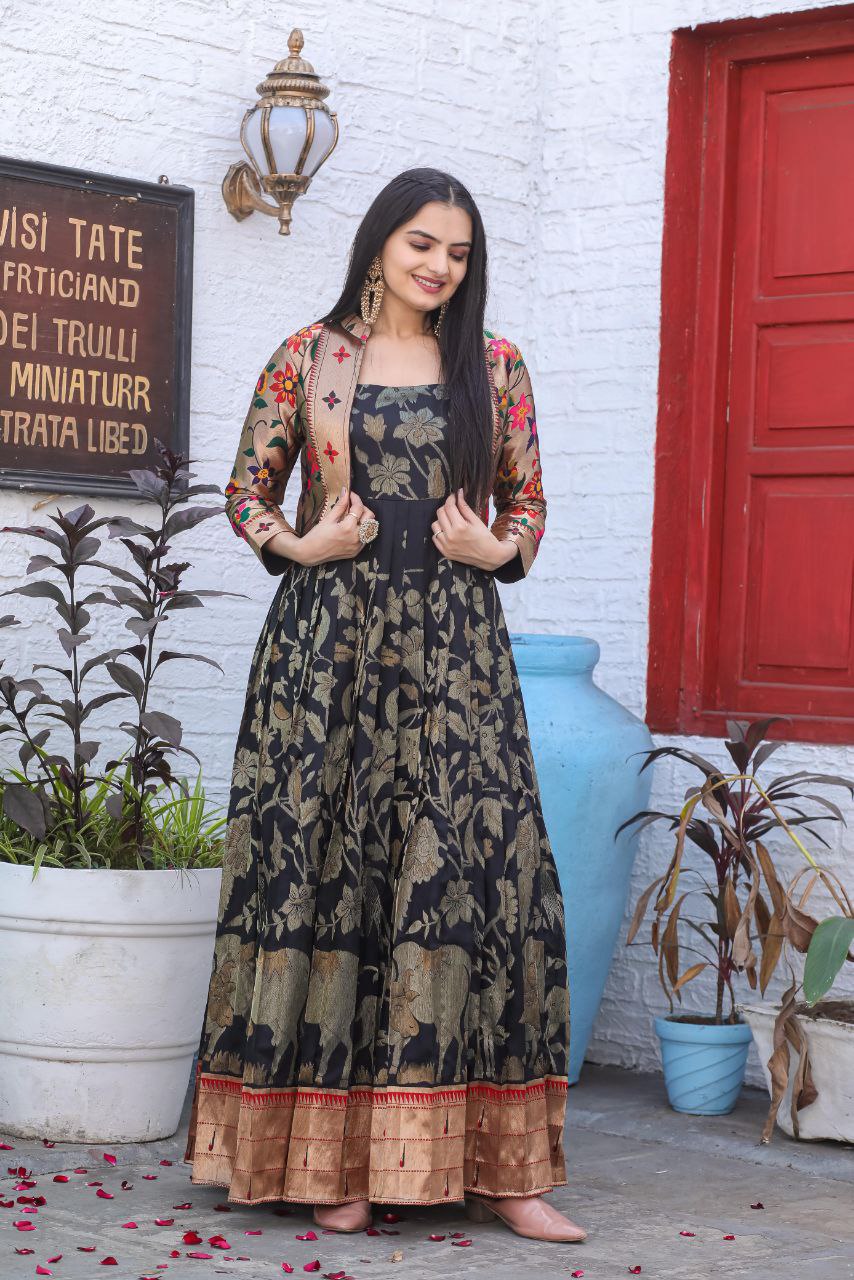 Elegant Readymade Paithani Silk Gown with Jacket Set