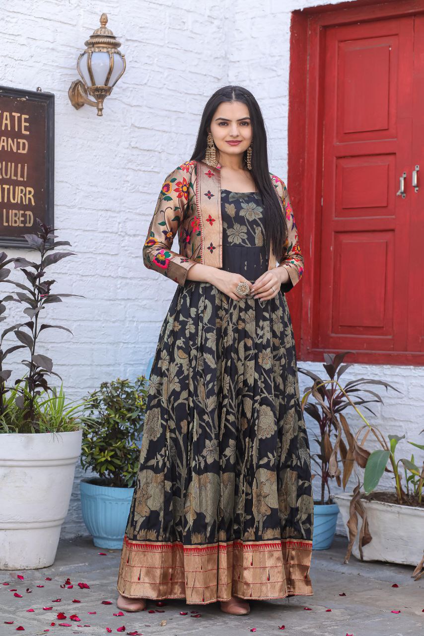 Elegant Readymade Paithani Silk Gown with Jacket Set