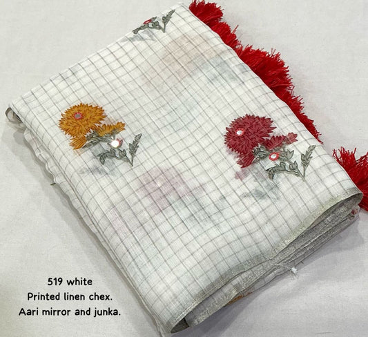 Zari Woven Border Aari Mirror Work Pure White Linen Checkered Saree with Blouse