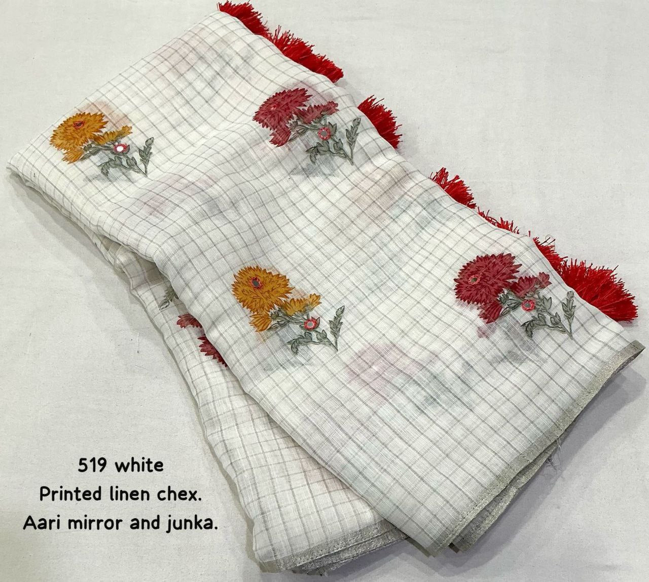 Zari Woven Border Aari Mirror Work Pure White Linen Checkered Saree with Blouse