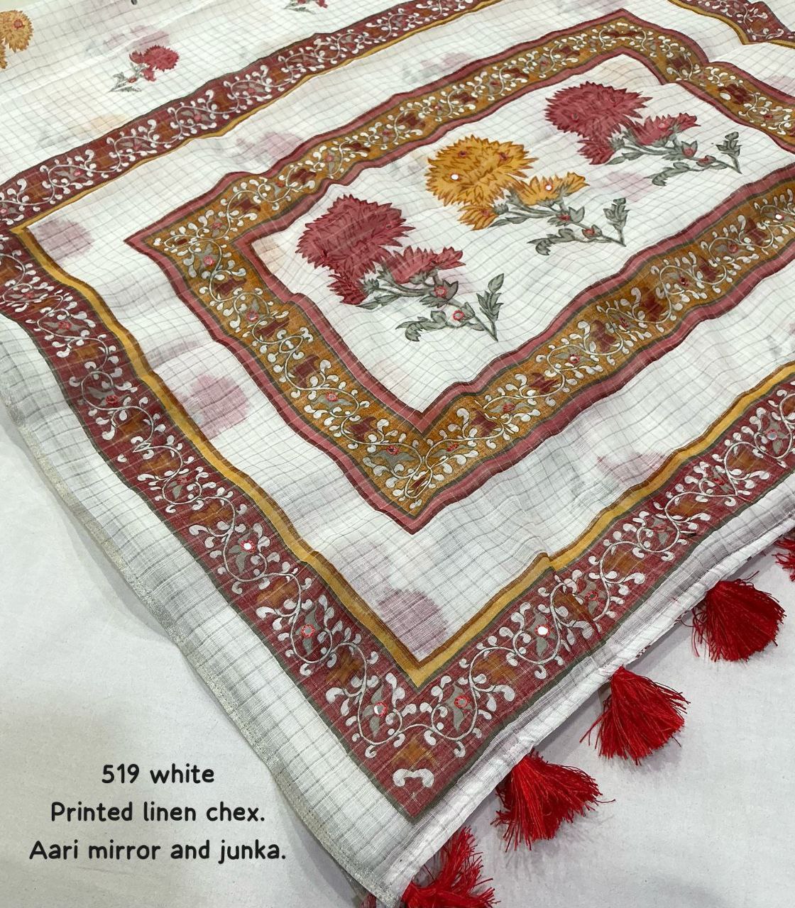 Zari Woven Border Aari Mirror Work Pure White Linen Checkered Saree with Blouse