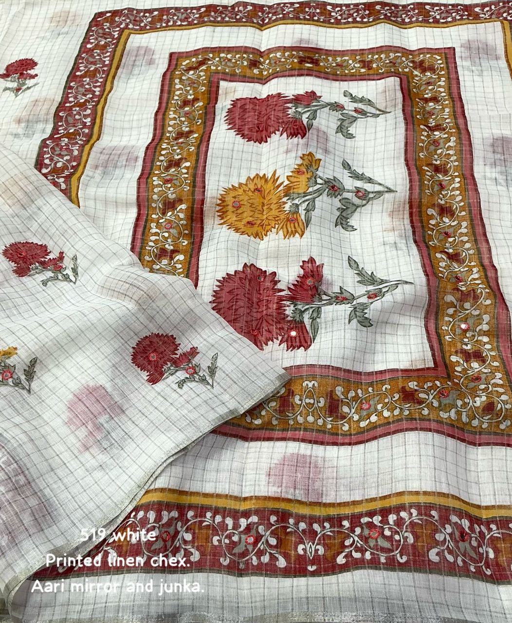 Zari Woven Border Aari Mirror Work Pure White Linen Checkered Saree with Blouse