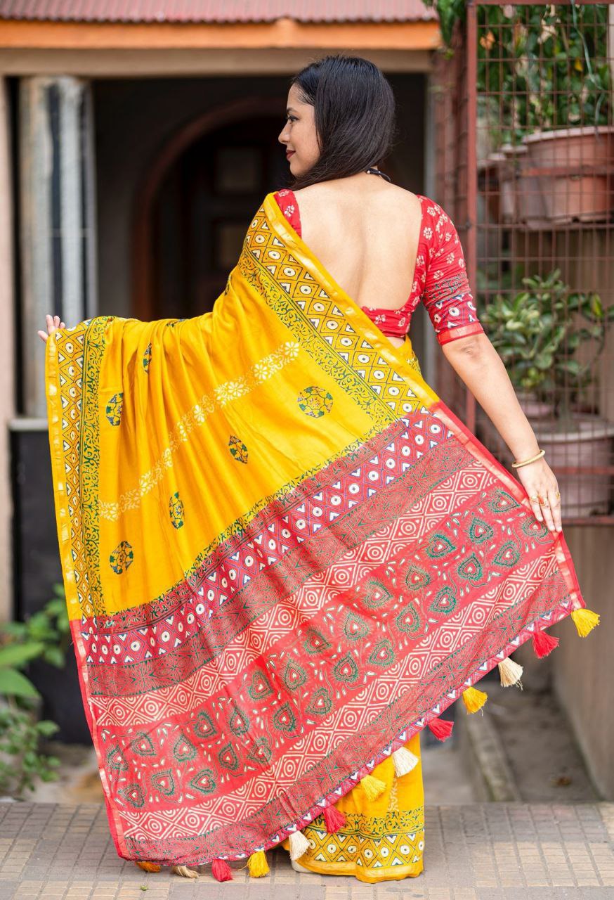 Zari Pattu Woven Border Pure Chanderi Cotton Ajrakh Saree with Blouse