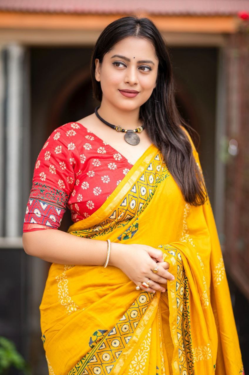 Zari Pattu Woven Border Pure Chanderi Cotton Ajrakh Saree with Blouse